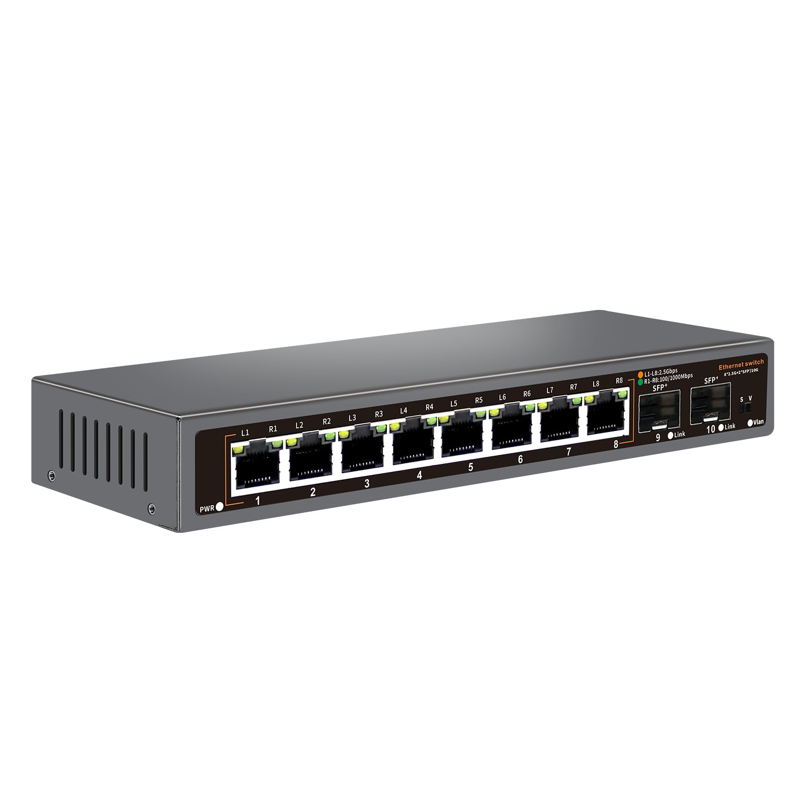 Interruptor Ethernet no administrado de 10 Puertos 2.5G, 8 Puertos Base-T de 2.5G, 2 SFP de 10G, para 100/1000/2500Mbps, VLAN, Interruptor de Red 2.5G sin Ventilador, diseño de Montaje en Pared para