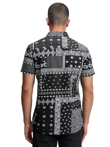 Image of Highlander Men's's Slim Fit Ethnic Motif Printed Casual Shirt | Short Sleeves, Button Closure & Modern Tailored Fit