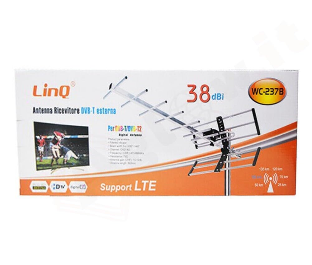 Antenna TV Esterna 38dbi DVB-T2, Amplificata 38dbi per Aree deboli, Adatta per Canali DVB-T2, HDTV LTE, Digitale Terrestre (237B)