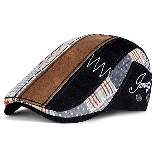 PORSYOND Men Flat Cap Newsboy Hat Beret Cabbie Ivy Cap Patchwork Adjustable Gatsby Newsboy Hat (Black, M)