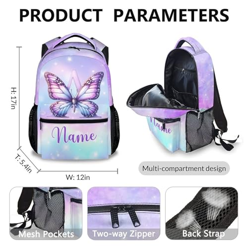 School Backpack for Girls, Custom Name Monogram Butterfly Backpacks, Personalized Initial Bookbag with Lunch Box for Kindergarten Primary Elementary, Schoolbag with Pencil Case Bundle for Kids2