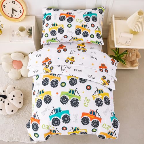 Image of PERFEMET Toddler Bedding Set 4 Pieces Bed Set for Boys All Seasons 1 Deep Pocket Sheet and 1 Lightweight Comforter Soft Cute Colorful Pattern Cozy Children Bedroom Cars White
