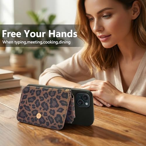 Image of M-Plateau RFID Blocking Small Wallet for Women, Phone Wallet with Snap Closure, Zipper Pocket, Adhesive Sticker, RFID Blocking, Kickstand, 6 Card Slots, Leopard Print, Leather