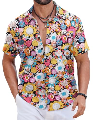 COOFANDY Hawaii Hemd Männer 100% Baumwolle Sommerhemd Button Down Sommer Hemden Herren Kurzarm Strand Hawaiihemd mit Tasche Sonnenblume L