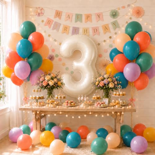Image of 40 Inch Boho Rainbow Number 3 Balloon Tower for 3rd Birthday Decorations
