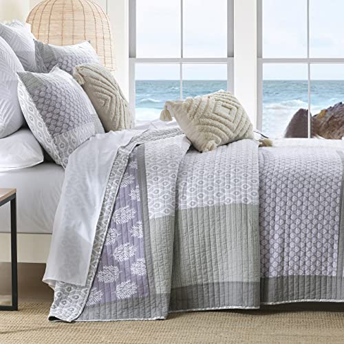 Pangushan Quilt Set King Size, 100% Cotton Bedspread Quilt Bedding Set, Patchwork Reversible Floral Quilt For King Bed, Purple/Grey/White Bed Spread, Lightweight Comforter For All Season, 3 Pieces #TOP2