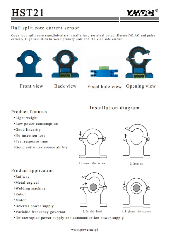 YHDC Hall Split core Current Sensor YHDC HST21 Input ±100A ±200A ±300A ±400A ±500A ±600A/output ±4V. suppy Voltage ±15V (HST21, 100A -4V)