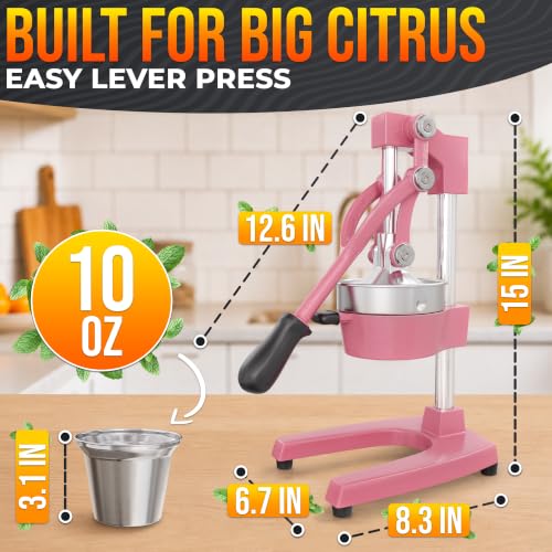 Image of Cast Iron Juicer Hand Press, Heavy-Duty Squeezer (Pink) | Lever Manual Citrus Press Juicer & Orange Squeezer for Lemon, Lime & Lemonade; Steel Cone & Strainer; for Home or Bar