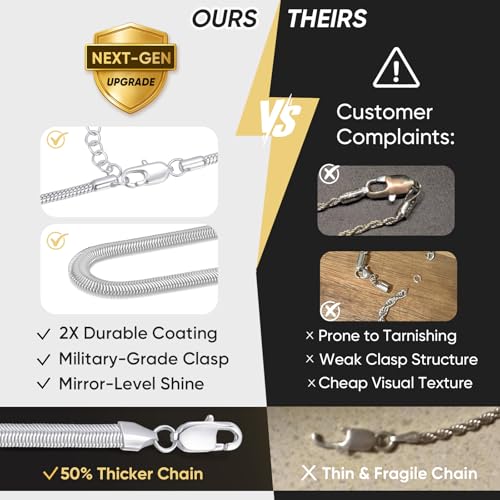 VNOX 2 Pcs Sterling Silver Plated Chain for Men Women Stainless Steel Snake Necklace Flat Herringbone Chains for Men Layering Choker Necklace Stack Jewelry Gift,16+2/18+2 Inch,Non Tarnish - Image 7