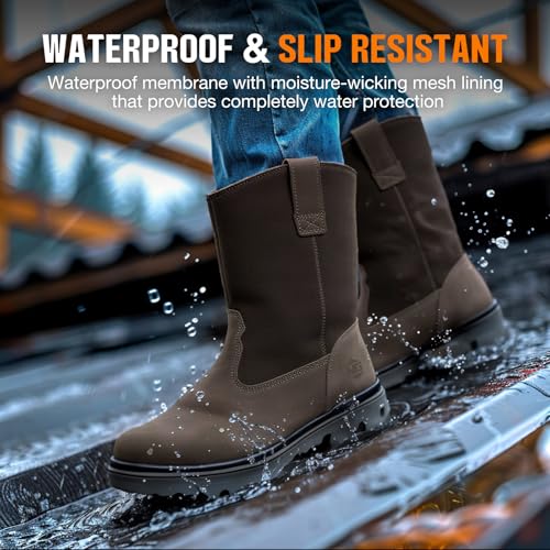NINGO Steel Toe Work Boots for Men, Waterproof Wellington Mens Boots with Full Grain Leather, Slip Resistant and Puncture Proof, Pull-On Work Shoes for Construction, Industrial and Farming4