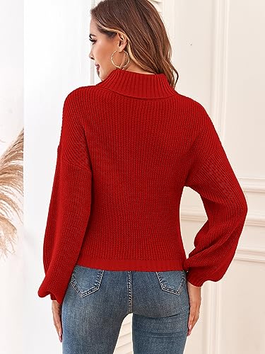 Image of ZAFUL Women's Cropped Turtleneck Sweater Lantern Sleeve Ribbed Knit Pullover Sweater Jumper