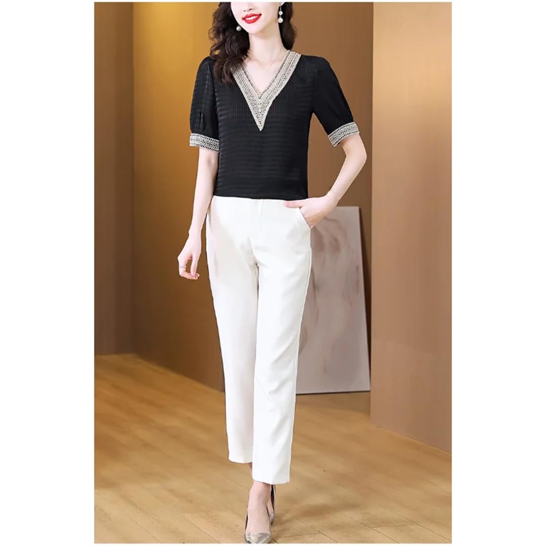 Camicetta da donna in raso a maniche corte con scollo a V in pizzo primaverile camicetta casual