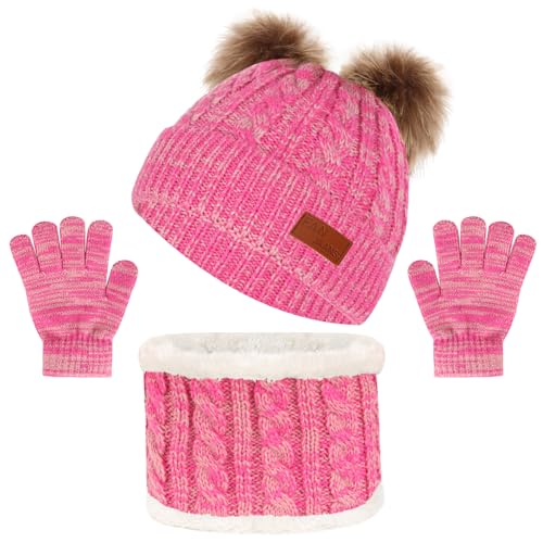 Kids Winter Beanie Hat Scarf Gloves Set,Toddlers Knit Winter Warm Double Pompom Cap Scarf Gloves for Girls Boys 1-5 Years Old