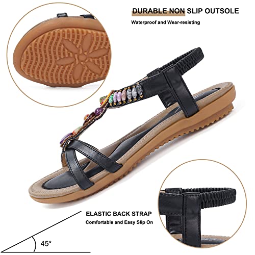 Shibever Womens Sandals Summer Bohemian Beaded Elastic Back Strap Dressy Flats Shoes Black 9 #TOP3
