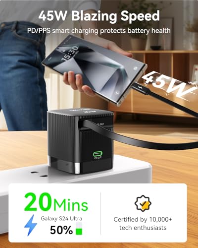 Image of USB-C Charger Block, 45W GaN 2 Port Fast Charging w /Built-in Retractable C Cable & Foldable Plug, PD /PPS for iPhone 16Pro Max /16 /Pixel 9 pro /Galaxy /iPad /MacBook (Black)