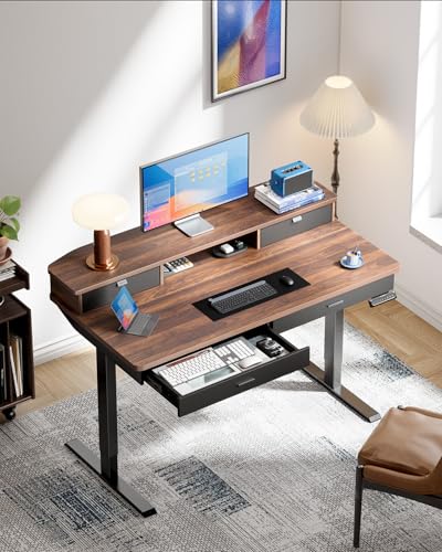 Image of HUANUO 55 x 30 inch Electric Standing Desk with Wood Drawers, Adjustable Height Sit Stand Home Office Desk with Two Tiers, Ergonomic Adjustable Stand up Desk C-Clamp Monitor Mount Compatible, Walnut