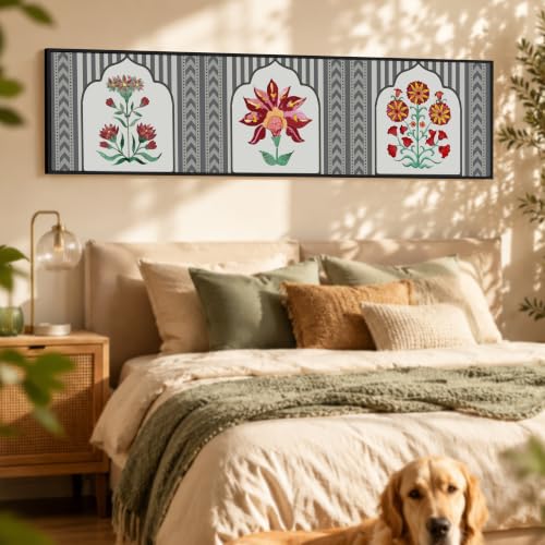 Image of Large Canvas Painting Panel Framed Wall Painting Traditional Indian Lotus Motif Framed Luxury Paintings for Home Decoration, Living room, Bedroom and Office Decor (Red, 13x47 Inch)