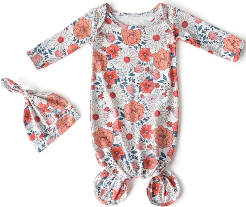 Image of Little Jump Newborn Baby Boys Girls Knotted Gown Hat Set Soft Infant Sleeper Baby Sleep Gown (Boho Blossom), Large