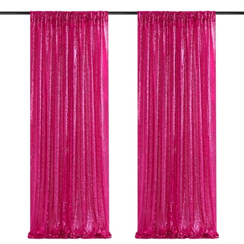 Image of Fuchsia Sequin Backdrop Curtain Panels Stage 2 Pieces 2FTx8FT Wedding Party Background Drapes for Christmas Party