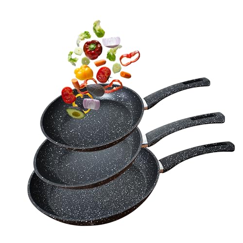 Roland 3-teiliges Pfannenset – Induktionsgeeignet – Antihaftbeschichtung, Camping Küche Granit-Optik – Bratpfannen Set 20/24/28 cm – Spülmaschinenfest & kratzfest