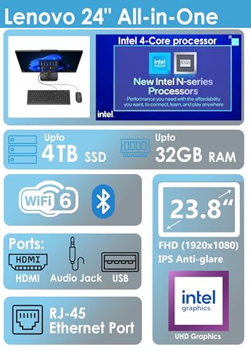 Image of Lenovo AIO 24 inch FHD All-in-One Desktop Computer, Lifetime Office 365 for Web, Intel 4-Core Processor, 32GB DDR4 RAM, 1TB PCIe SSD, WiFi 6, Bluetooth 5.2, HDMI, Onyx Black, KB, Windows 11 Home