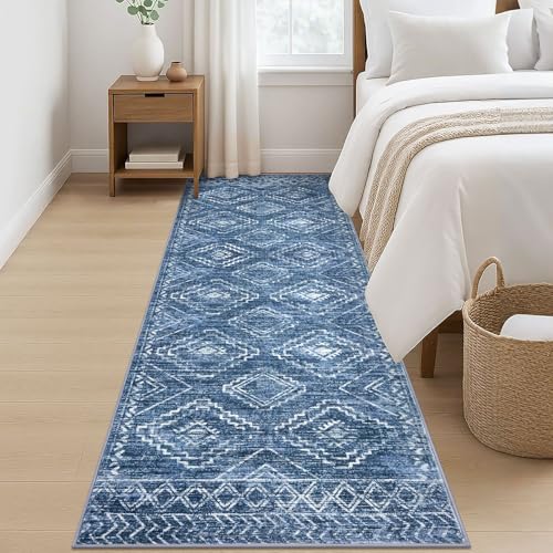 KILOCOCO Hallway Runner Rug 3x8 Runners for Hallways Washable Runner Rug Non Slip Rubber Backed Low-Pile Runners for Bedroom Kitchen Living Room Laundry Room Boho Rugs, Stonewashed Blue