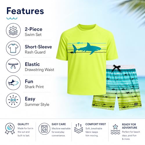 Image of Big Chill Boys Swim Set - 2 Piece Quick Dry UPF 50 Short Sleeve Rash Guard for Boys and Swim Trunks - Swimwear Set for Kids
