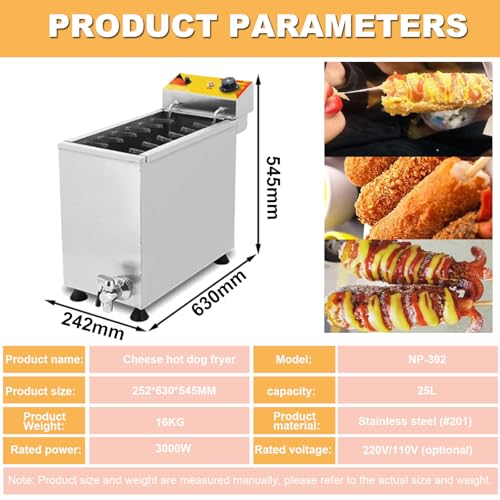 Fryer de Perro de maíz Comercial, 25L Electric Deep Fryer, Ajustable 60-200C Temp, Cocineros 12 Piezas Simultáneamente, Construcción de Acero Inoxidable para Restaurantes y Eventos