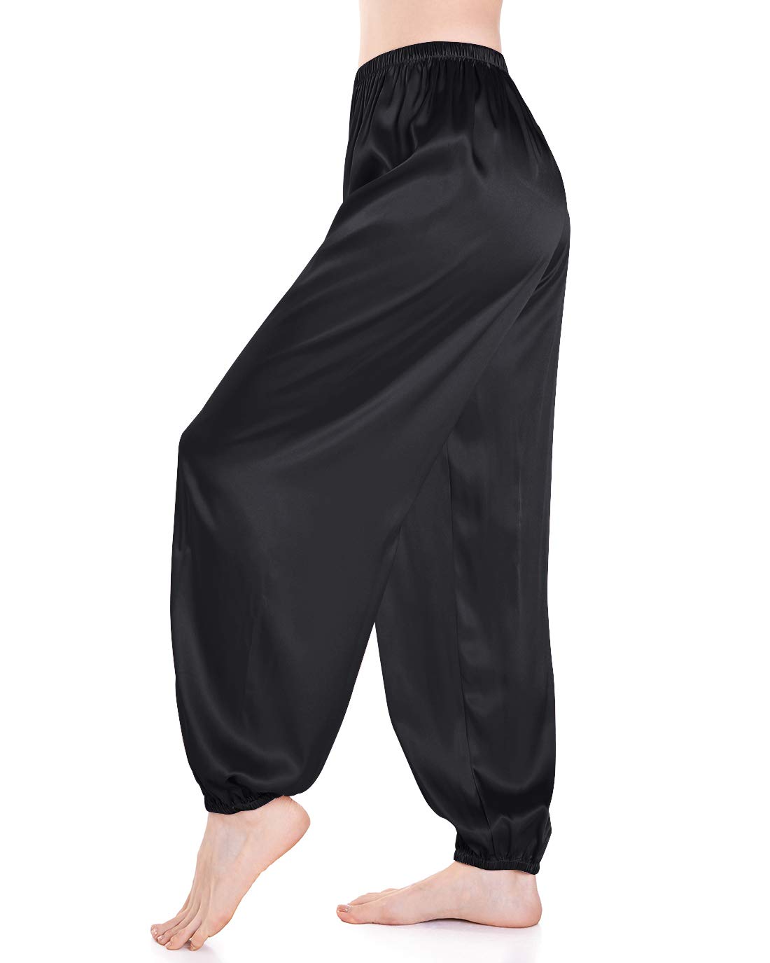 Wantschun Women's Black Pajama Pants Satin Silk Lounge Pants Yoga Pants Soft Casual Loose Elastic Waist Sleep Pajama Bottoms Medium