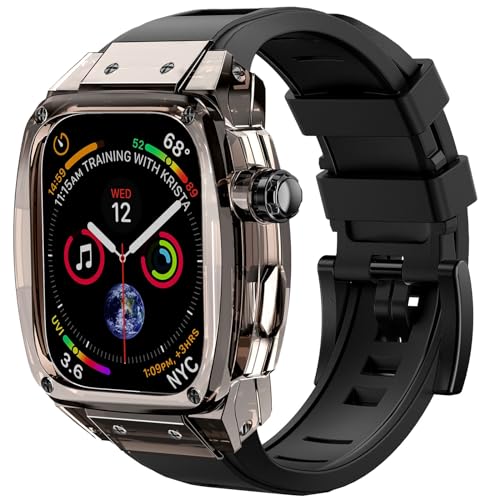 MOFREE Transparent Case with Rubber Band Compatible with Apple Watch Band 45mm, Rugged Band for Apple Watch Series 9 45mm Band Men, Shockproof Clear Protective Bumper Cover with Rubber Strap for