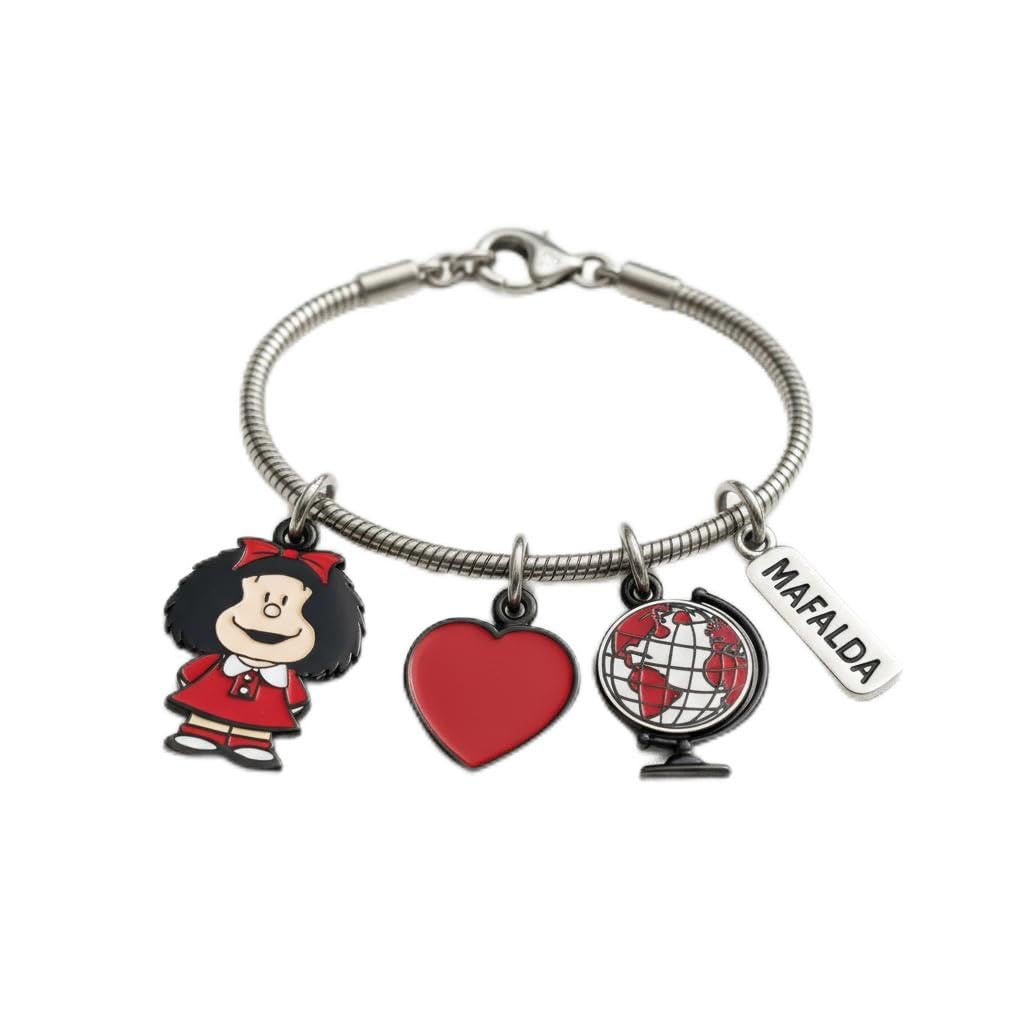 Pulsera de Acero Inoxidable con Charms Mafalda Sonríe - Licencia Oficial Quino, Rojo, Talla Única