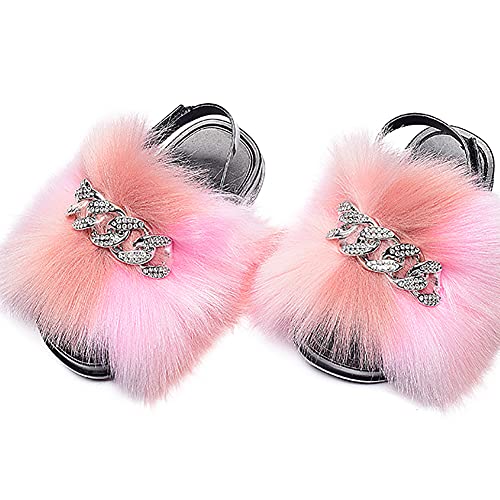 Girls Faux Fur Fluffy Slides Sparkle Rhinestone Toddler Furry Slippers Colorful Sandals with Back Strap2