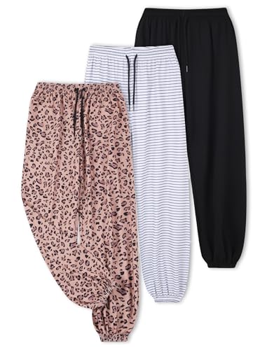Image of EXARUS 3 Pack Girls Sweatpants Joggers Teen Sweat Pants Wide Leg | Tween Baggy Casual Preppy Pockets High Rise Elastic Waist School Sports Trendy Clothes Kids Youth Junior 6-14Y
