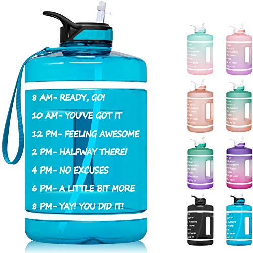1 Gallon Water Bottle with Time Marker & Straw - 128 oz BPA Free Reusable Large Motivational Fitness Sports Water Bottle Leakproof Big Plastic Gym Water Jug for Biking, Running, Workout