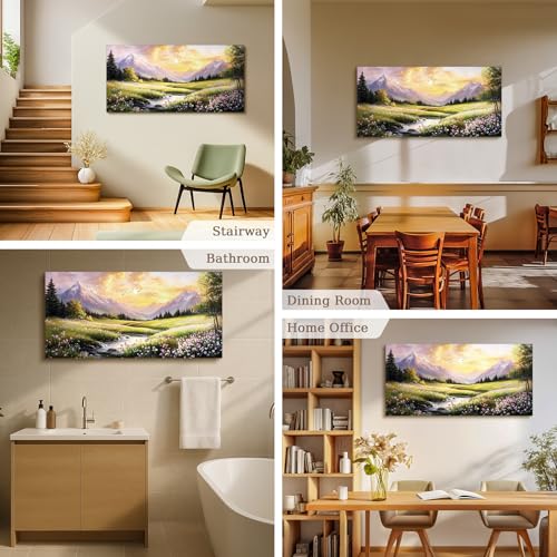 crmotu Large Landscape Wall Art, Nature Wall Art, Mountain Artwork for Walls, Sunset Aesthetic Canvas Prints, Spring Scenery Paintings for Living Room Bedroom Kitchen Farmhouse Cottagecore 24x48inch