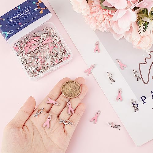 SUNNYCLUE 1 Box 100Pcs 2 Style Ribbon Charms Breast Cancer Awareness Charms Bulk Pink Silver Ribbon Breast Cancer Charm Hope Ribbon Charm for jewellery Making Charms DIY Earrings Bracelet Necklace - Image 3