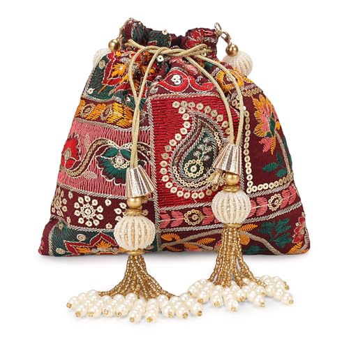 Image of LONGING TO BUY Indian Ethnic Pearls & Sequence Potli Bag for Women, Wedding Potli Bag and For Ethnic Wear