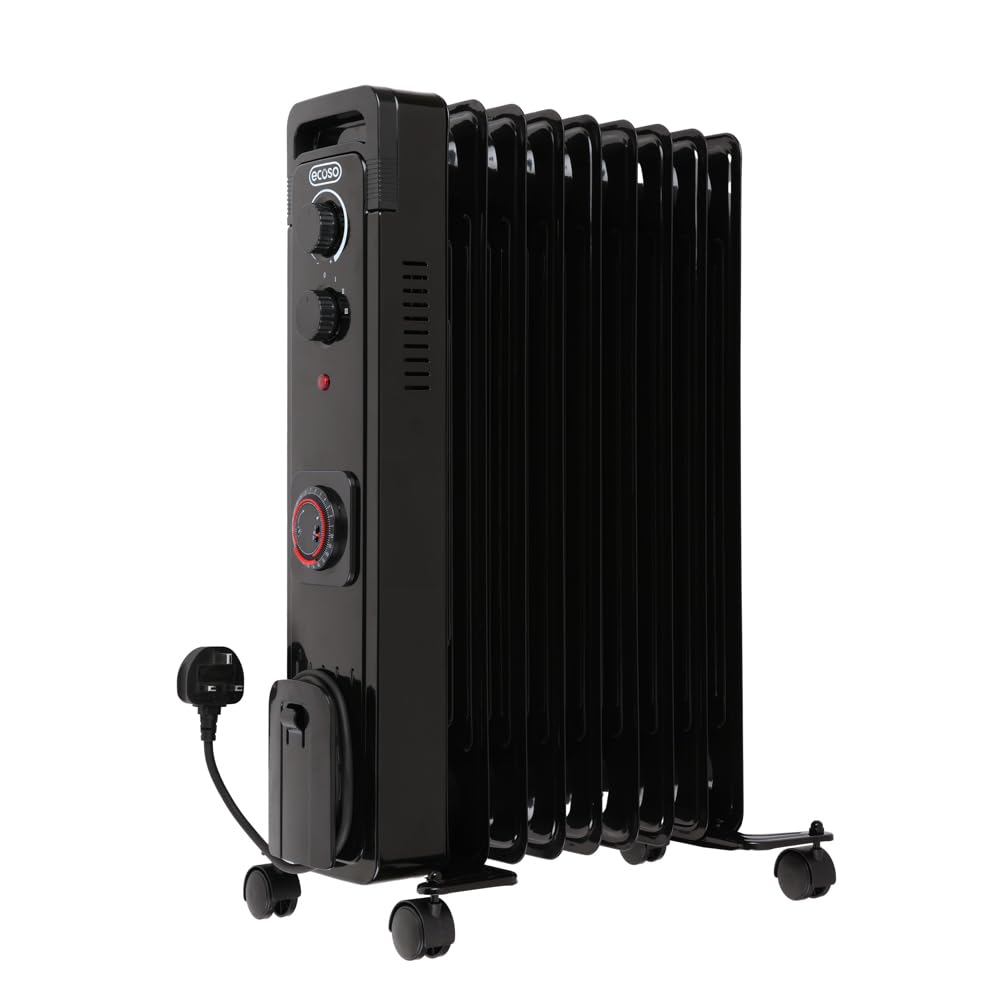 ECOSO Finn 2000W Black UK Plug Oil Filled Electric Radiator - 620mm x 240mm