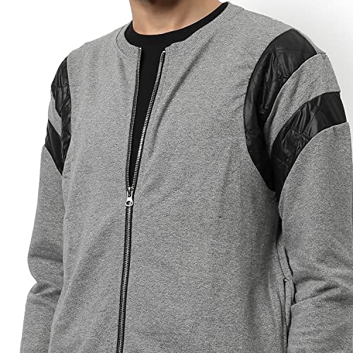 Image of Campus Sutra Men's Light Grey Solid Vegan Leather Regular Fit Cotton Jacket For Winter Wear | Round Neck Collar | Full Sleeve | Zipper | Casual Jacket For Man | Western Stylish Jacket For Men