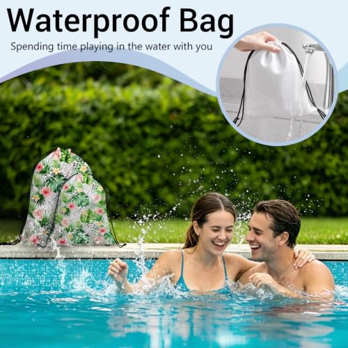 Image of Tropical Green Leaf Drawstring Bag Waterproof Storage Pouch Bags for Hiking