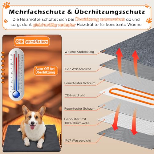 Angelpet Haustier Heizkissen XL 60x90cm – Heizdecke für Hunde & Katzen, 30–60 ℃ Temperatur & 14 Timer (0–12H/24H), Hunde Heizmatte mit Auto Screen-Off, bissfestem 1,8 m Kabel, 2 waschbaren Bezügen
