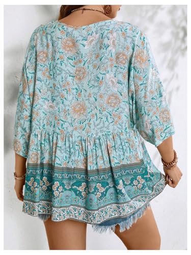 WDIRARA Women's Plus Size Boho Floral Print Ruffle Hem Blouse Tie Front 3/4 Sleeve Peplum Top3