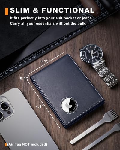 Image of Bifold Full-Grain Leather Men's Wallet with Airtag Holder | Wallet for Apple Air Tag (1st & 2nd Generation), Slim Wallet for Men with RFID Blocking, 11 Card Slots
