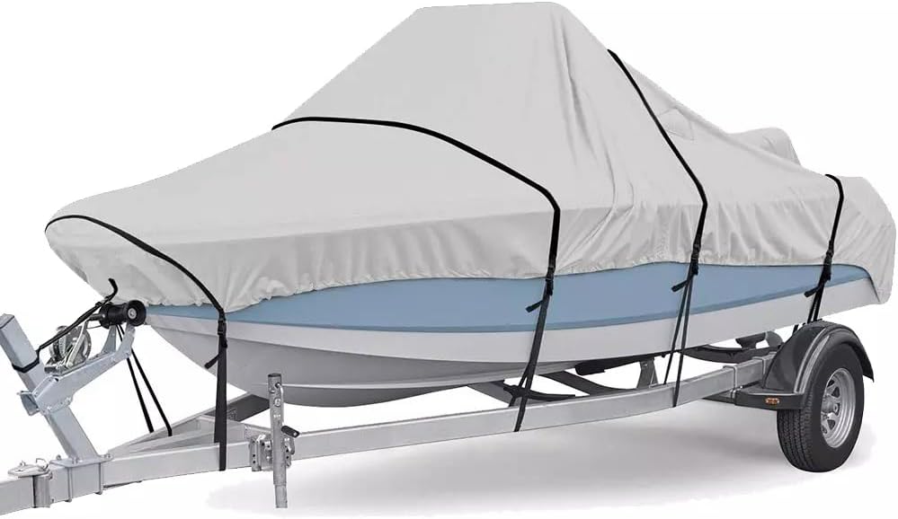 Waterproof Boat Cover, Trailerable Marine Grade Jumbo Heavy Duty Boat Cover with Adjustable Tightening Straps, for V-Hull, Tri-Hull Fishing, Runabout, Pro-Style Bass Boat (Silver, 17-19FT)