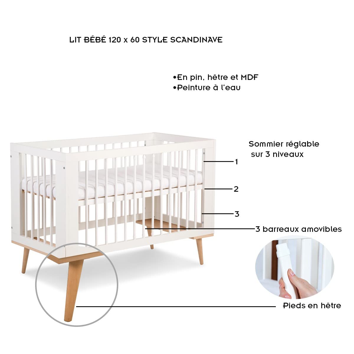 Mon Mobilier Design Sofie Ensemble Commode à Langer et lit bébé Style scandinave 120X60 Blanc
