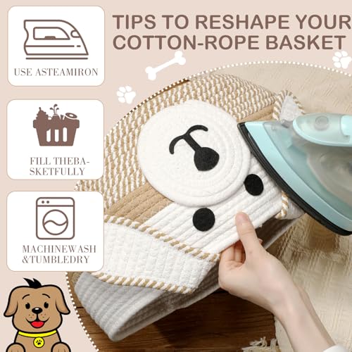 Image of Zopeal Dog Woven Basket Cute Woven Cotton Rope Puppy Animal Storage Basket for Laundry Toy Gift(Khaki, White,13 x 8 Inch)