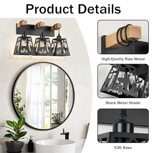 Image of Rustic Bathroom Light Fixtures, 3-Light Farmhouse Vanity Lamp with Deer Design and Wooden Frame, Wall Lighting for Bathroom, Hallway, Kitchen, Porch