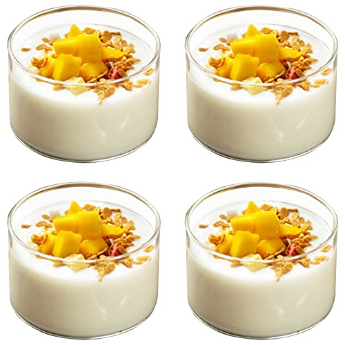 Greyoe Dessertgläser, Teelichtgläser, 4 Stück Transparent Dessertbecher Runde Pudding Glasflasche Mini Saft Trinkbecher Hochtemperaturbeständig für Dessert Eisgetränke Cover