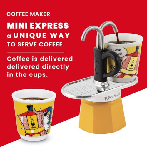 Image of Bialetti Mini Express Lichtenstein, Coffee Maker 2-Cup + 2 shot glasses, Aluminum