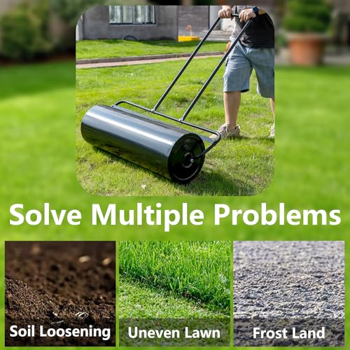DIYTuning Heavy-Duty Lawn Roller 17 Gallon/63 L Push/Tow Behind Water/Sand Filled Steel Yard Sod Drum Roller with U Shaped Handle for Garden Backyard 36\"x12\" Black